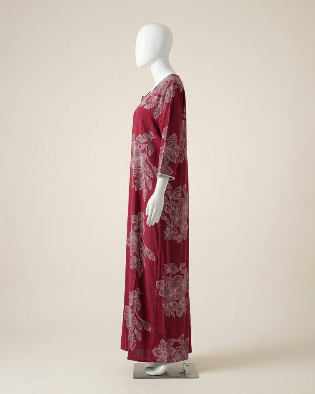 Women's Floral Outline Print Maxi Nighty with Front Zipper and 3/4 Sleeves