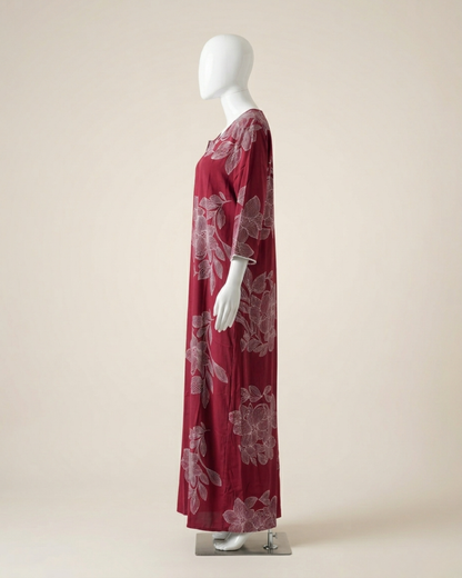 Women's Floral Outline Print Maxi Nighty with Front Zipper and 3/4 Sleeves