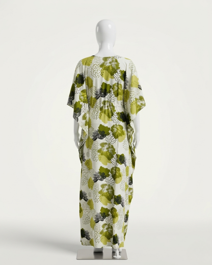 Women's Kaftan Nighty with Adjustable Waist Drawstring – Olive Green Abstract Floral Maxi Nightgown – Full Length Kaftan Gown