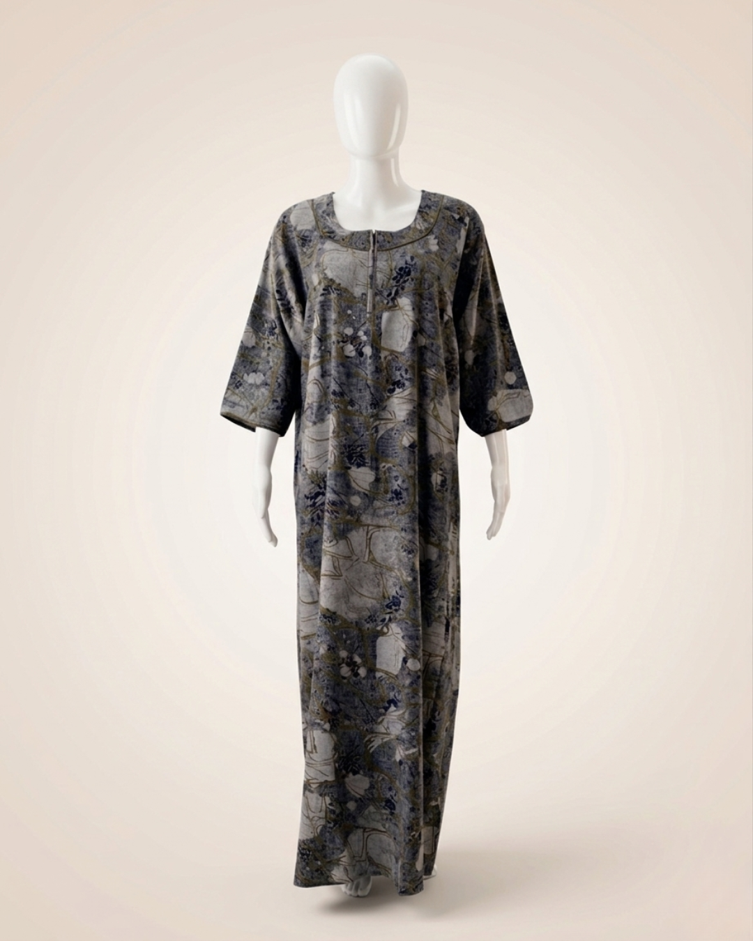 Women's Abstract Floral Print Maxi Nighty with 3/4 Sleeves and Scoop Neck