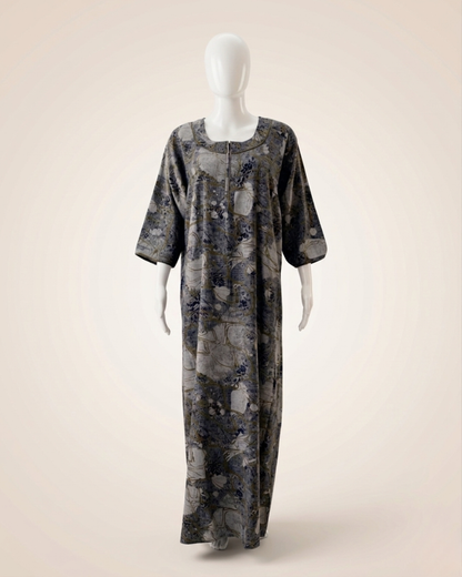 Women's Abstract Floral Print Maxi Nighty with 3/4 Sleeves and Scoop Neck
