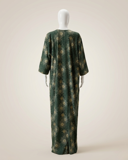 Full Length Dark Green Batik Print Maxi Nightgown with 3/4 Sleeves and Round Neck Women's Nighty