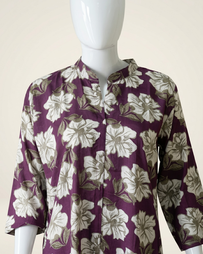 Women's Floral Print Co-Ord Set with Matching Trousers – Plum & White Longline Tunic with Pocket