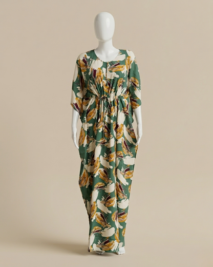 Women's Kaftan Nighty with Adjustable Waist Drawstring – Forest Green Abstract Floral Maxi Nightgown
