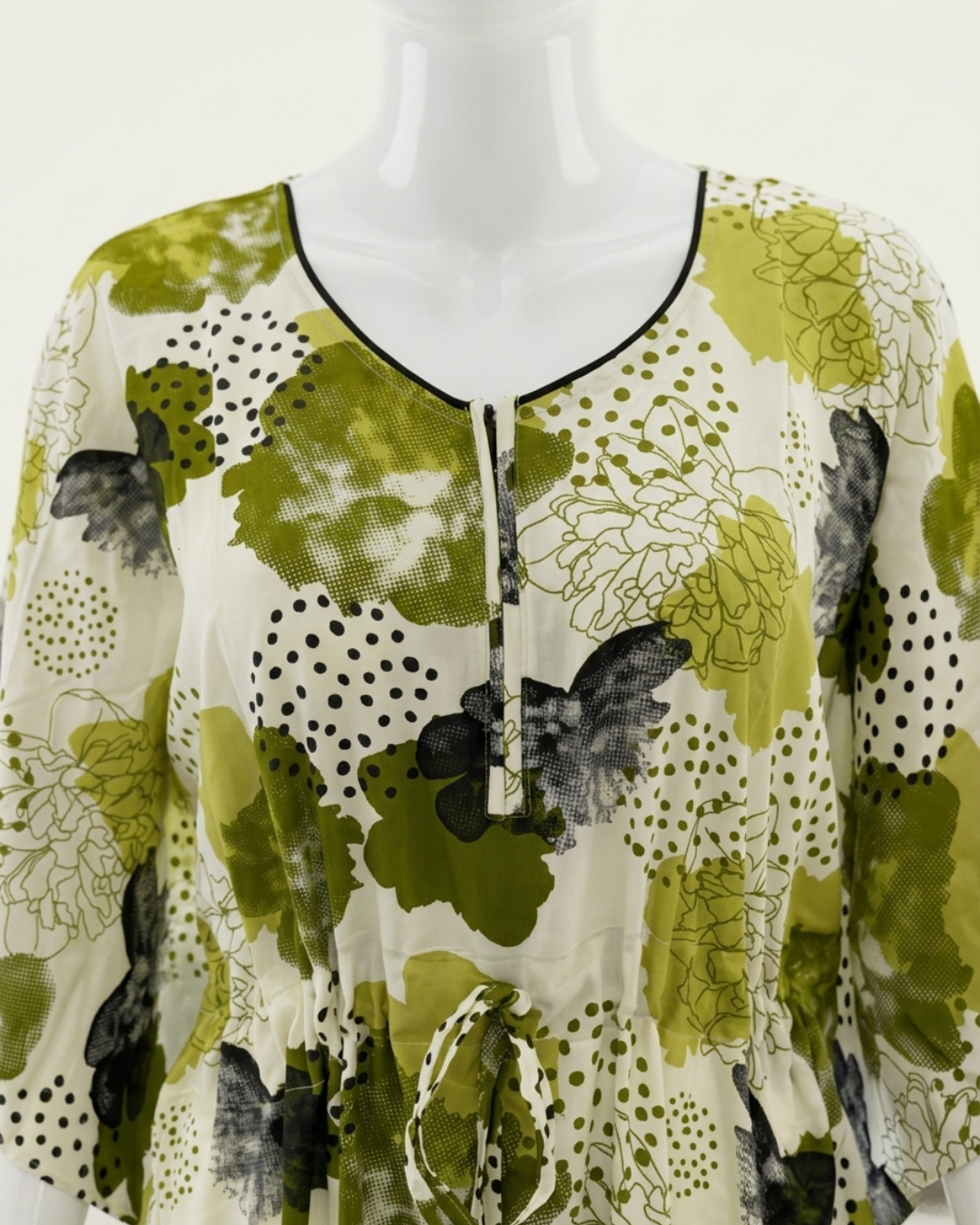 Women's Kaftan Nighty with Adjustable Waist Drawstring – Olive Green Abstract Floral Maxi Nightgown – Full Length Kaftan Gown