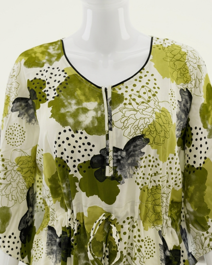 Women's Kaftan Nighty with Adjustable Waist Drawstring – Olive Green Abstract Floral Maxi Nightgown – Full Length Kaftan Gown