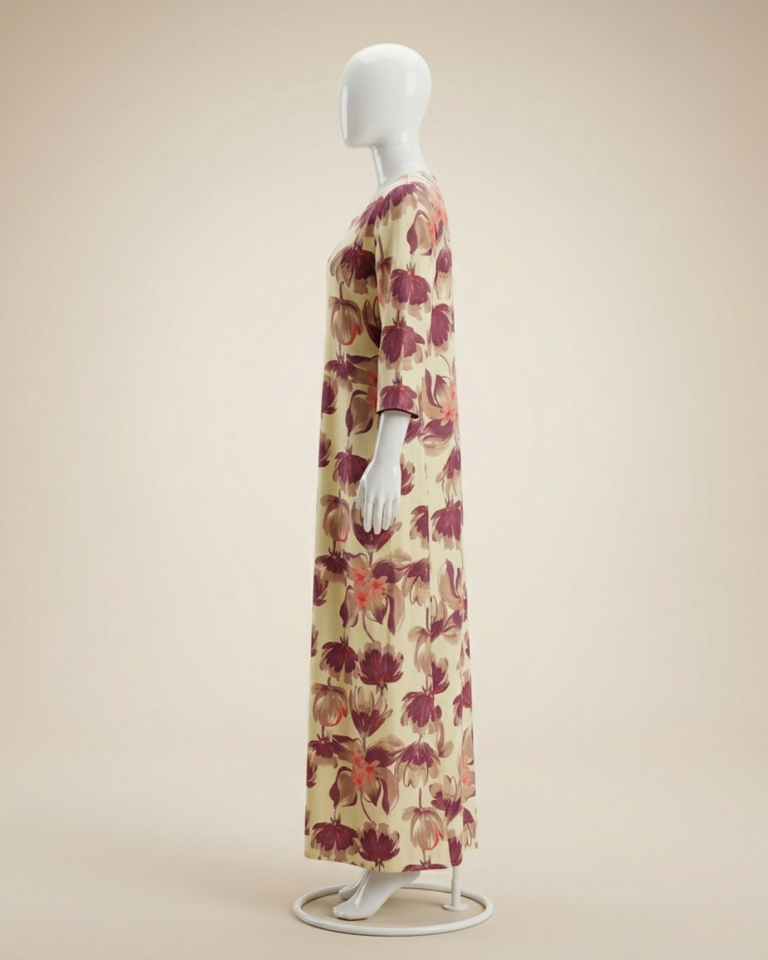 Women's Floral Nighty Maxi Dress – Painted Botanical Loungewear Gown – 3/4 Sleeve with Piped Neckline