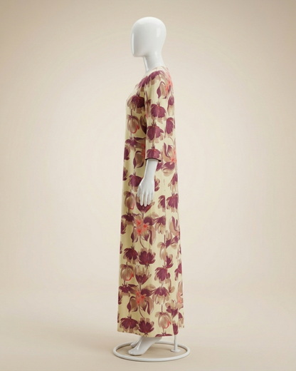 Women's Floral Nighty Maxi Dress – Painted Botanical Loungewear Gown – 3/4 Sleeve with Piped Neckline