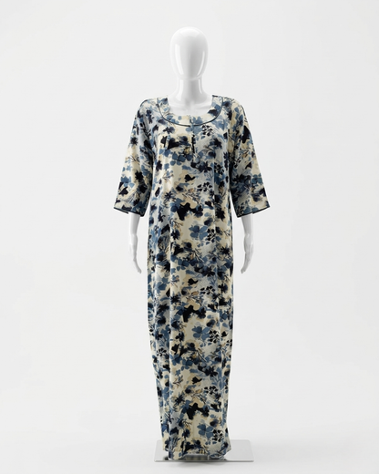 Floral Print A-Line Maxi Night Dress with Scoop Neck and 3/4 Sleeves