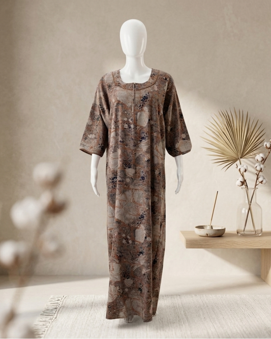 Brown Abstract Floral Print Full Length Maxi / Nighty Nightgown – Loose Fit Sleepwear with 3/4 Sleeves