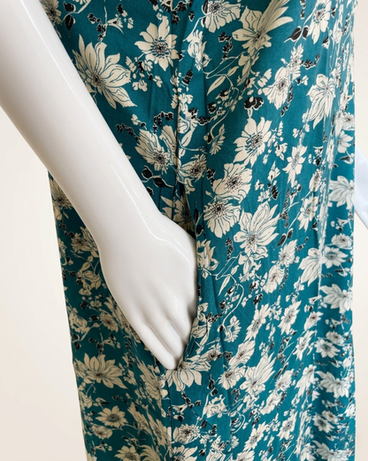 Full Length Teal Floral Print Maxi Nighty Nightgown with side Pocket – Loose Fit Sleepwear Housecoat