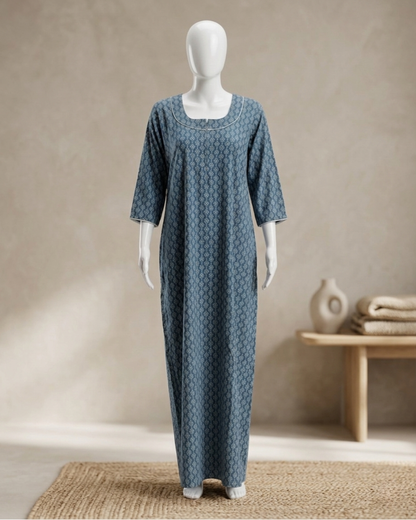 Women's Printed Nighty Maxi Dress – Long Sleeve Loungewear with Pockets