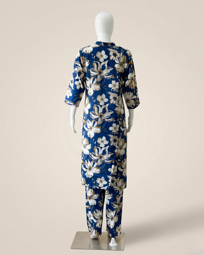 Women's Floral Print Co-Ord Set with Matching Trousers – Plum & White Longline Tunic with Pocket