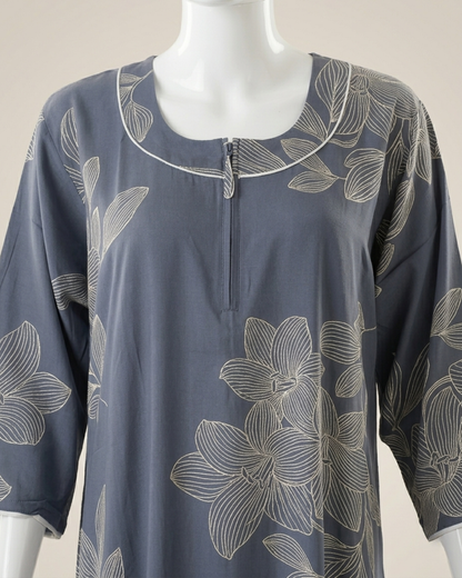 Women's Floral Outline Print Maxi Nighty with Front Zipper and 3/4 Sleeves