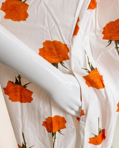 Full Length White & Orange Floral Print Maxi Nightgown – Loose Fit