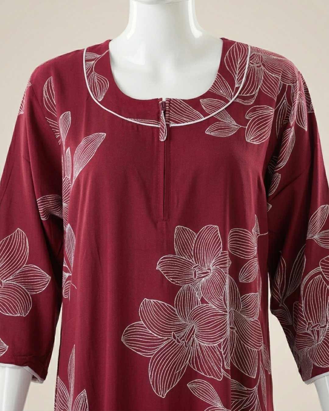 Women's Floral Outline Print Maxi Nighty with Front Zipper and 3/4 Sleeves