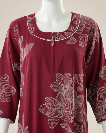 Women's Floral Outline Print Maxi Nighty with Front Zipper and 3/4 Sleeves