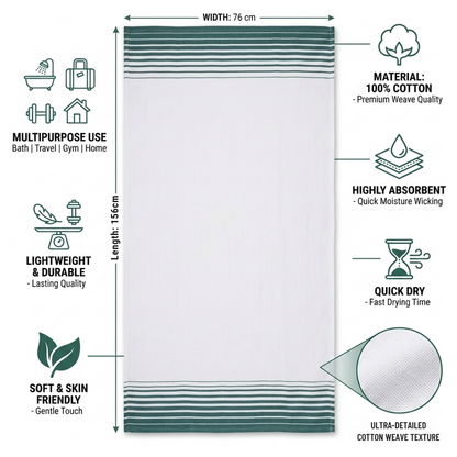 Zapi Home Premium Cotton Towel 152x76 cm — 100% Pure Cotton Handloom Towel, Lightweight Quick Dry, Large Travel & Spa Towel, Heritage Kerala