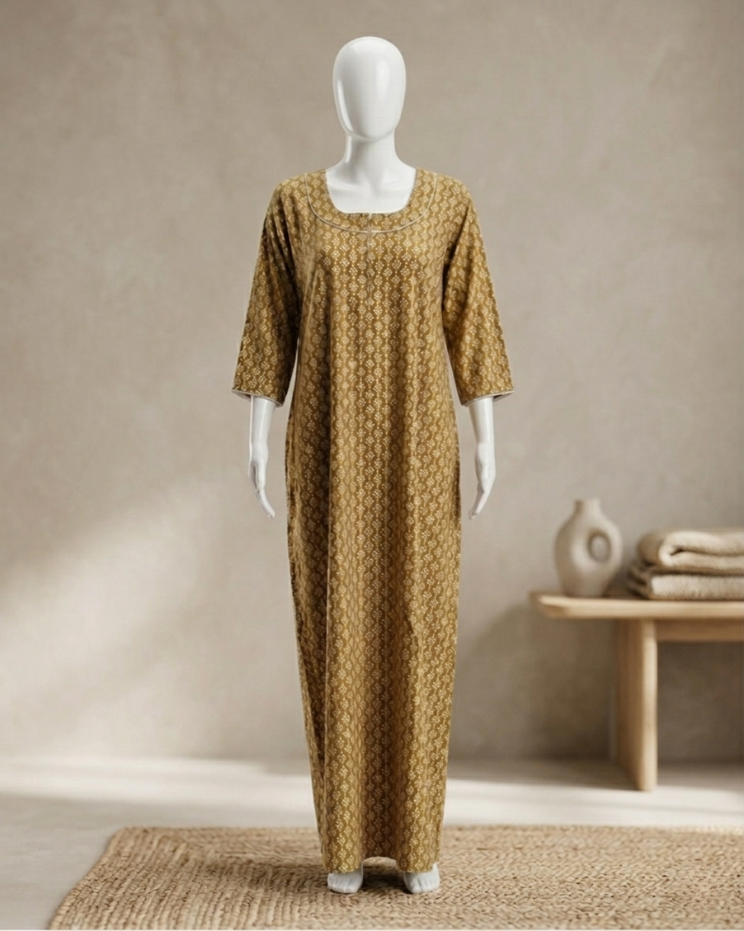 Women's Printed Nighty Maxi Dress – Long Sleeve Loungewear with Pockets