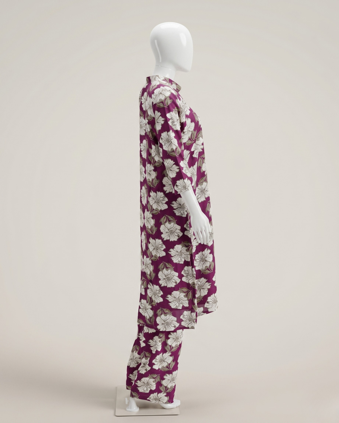 Women's Floral Print Co-Ord Set with Matching Trousers – Plum & White Longline Tunic with Pocket