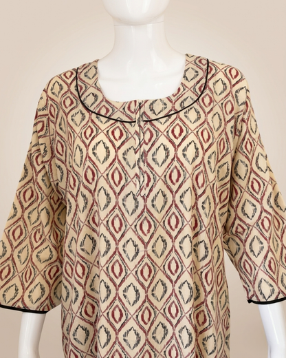 Full Length Beige Ikat Geometric Print Maxi Nighty Nightgown – Loose Fit Housecoat