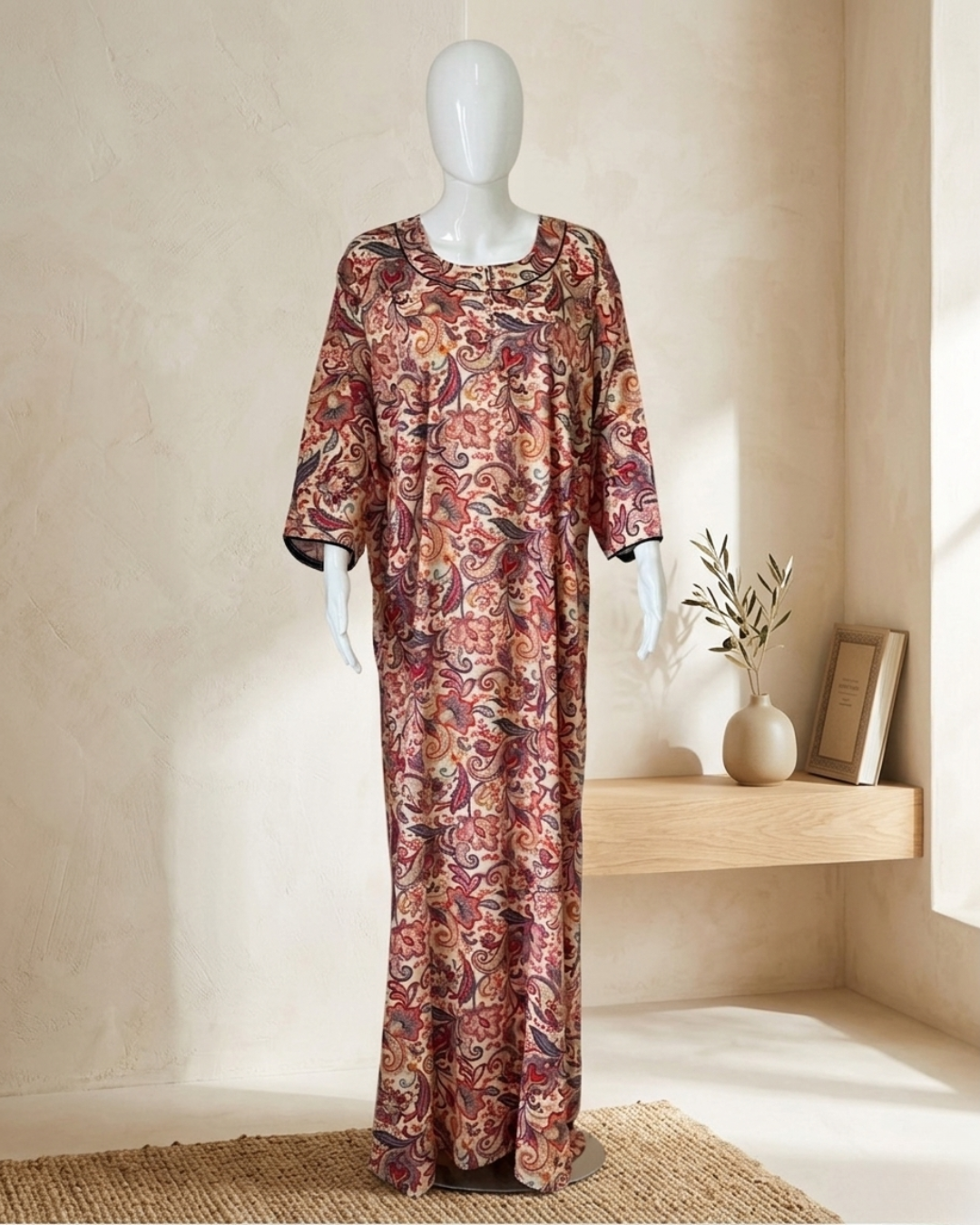 Women's Paisley Print Maxi Nighty Dress with Side Pockets and 3/4 Sleeves
