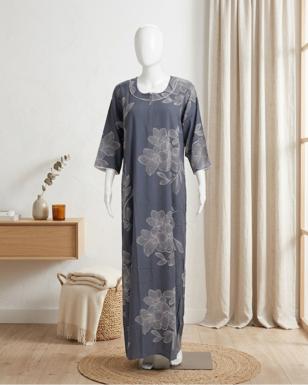Women's Floral Outline Print Maxi Nighty with Front Zipper and 3/4 Sleeves