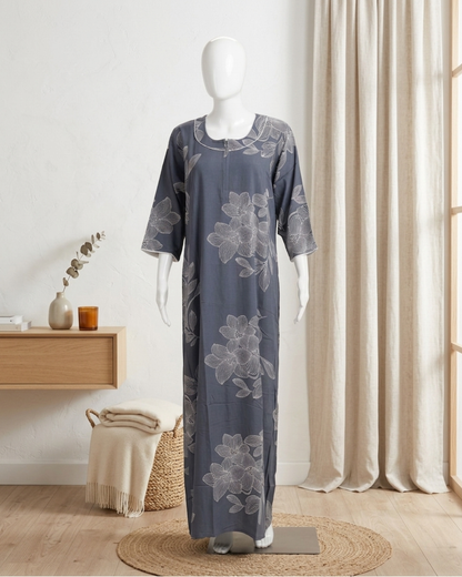 Women's Floral Outline Print Maxi Nighty with Front Zipper and 3/4 Sleeves
