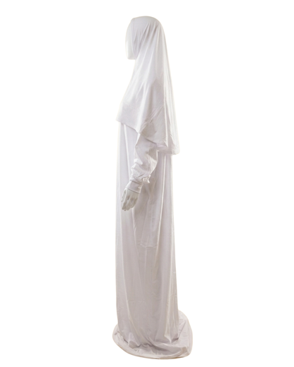 White Prayer Dress for Women – Full Coverage 2-Piece Salah Outfit with Hijab & Long Abaya
