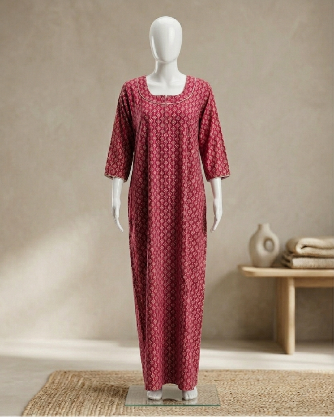 Women's Printed Nighty Maxi Dress – Long Sleeve Loungewear with Pockets