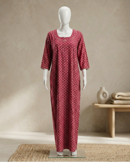 Women's Printed Nighty Maxi Dress – Long Sleeve Loungewear with Pockets