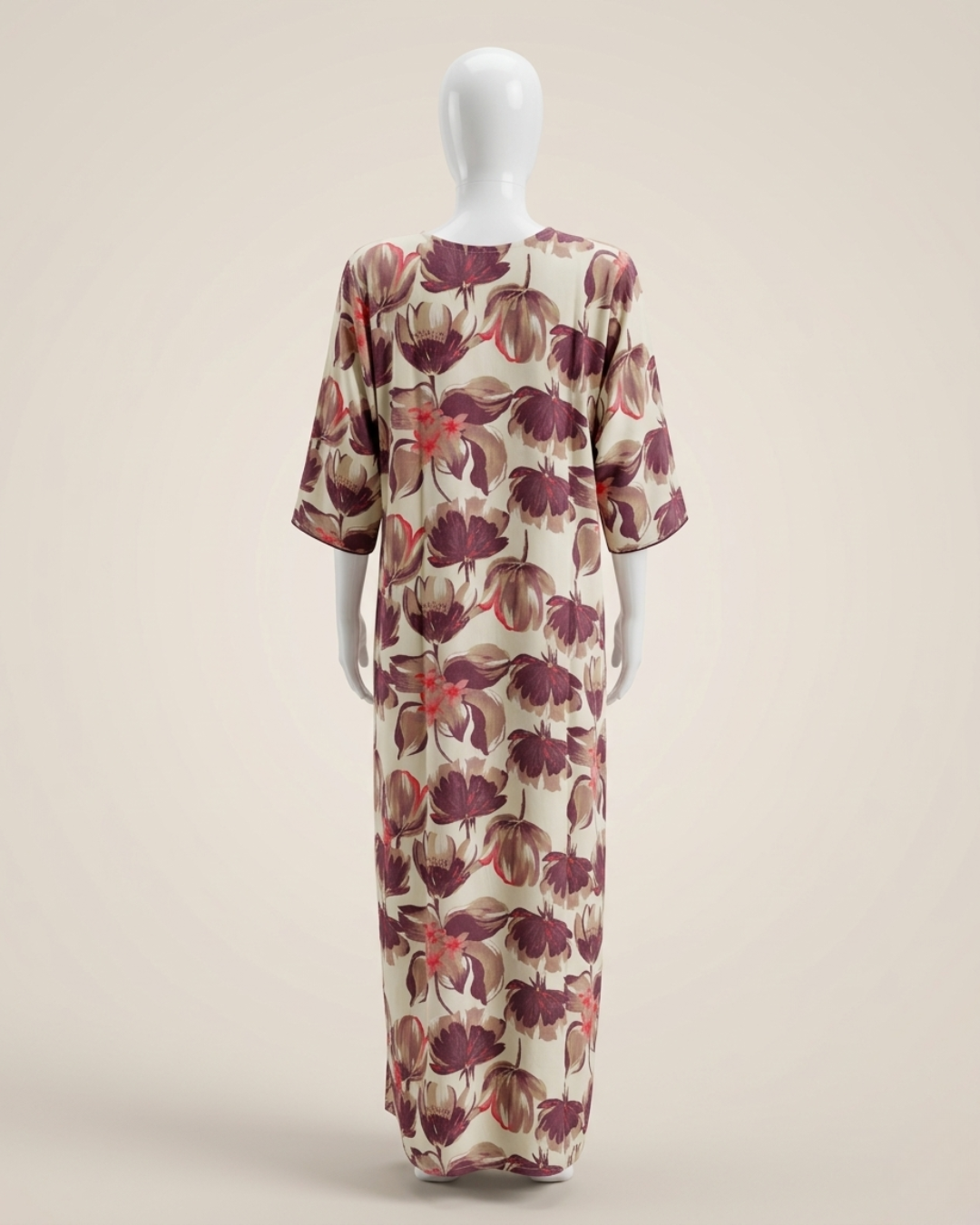 Women's Floral Nighty Maxi Dress – Painted Botanical Loungewear Gown – 3/4 Sleeve with Piped Neckline