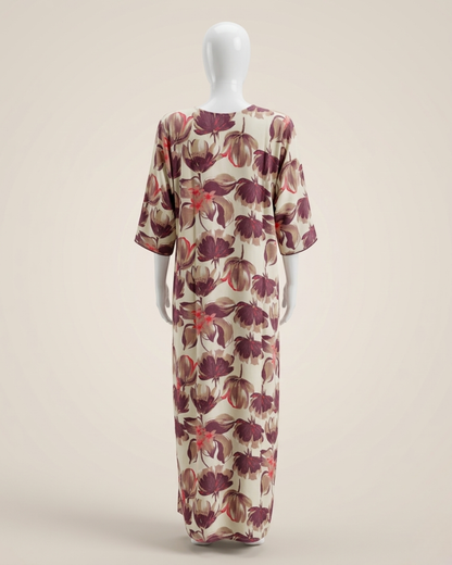 Women's Floral Nighty Maxi Dress – Painted Botanical Loungewear Gown – 3/4 Sleeve with Piped Neckline
