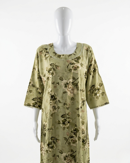 Premium Rayon Floral Sleepwear – Breathable Full-Length Nighty with Pocket