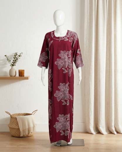 Women's Floral Outline Print Maxi Nighty with Front Zipper and 3/4 Sleeves