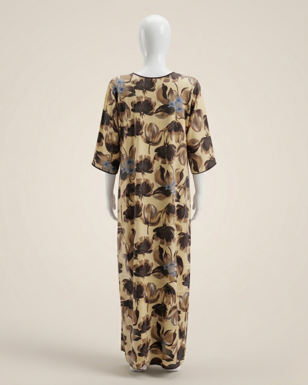 Women's Floral Nighty Maxi Dress – Painted Botanical Loungewear Gown – 3/4 Sleeve with Piped Neckline