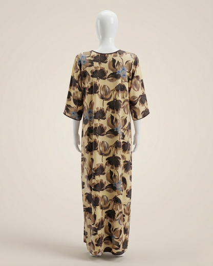 Women's Floral Nighty Maxi Dress – Painted Botanical Loungewear Gown – 3/4 Sleeve with Piped Neckline