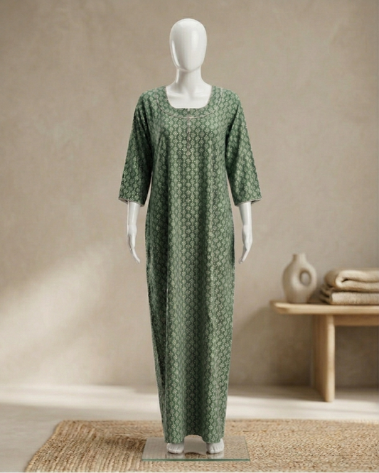 Women's Printed Nighty Maxi Dress – Long Sleeve Loungewear with Pockets