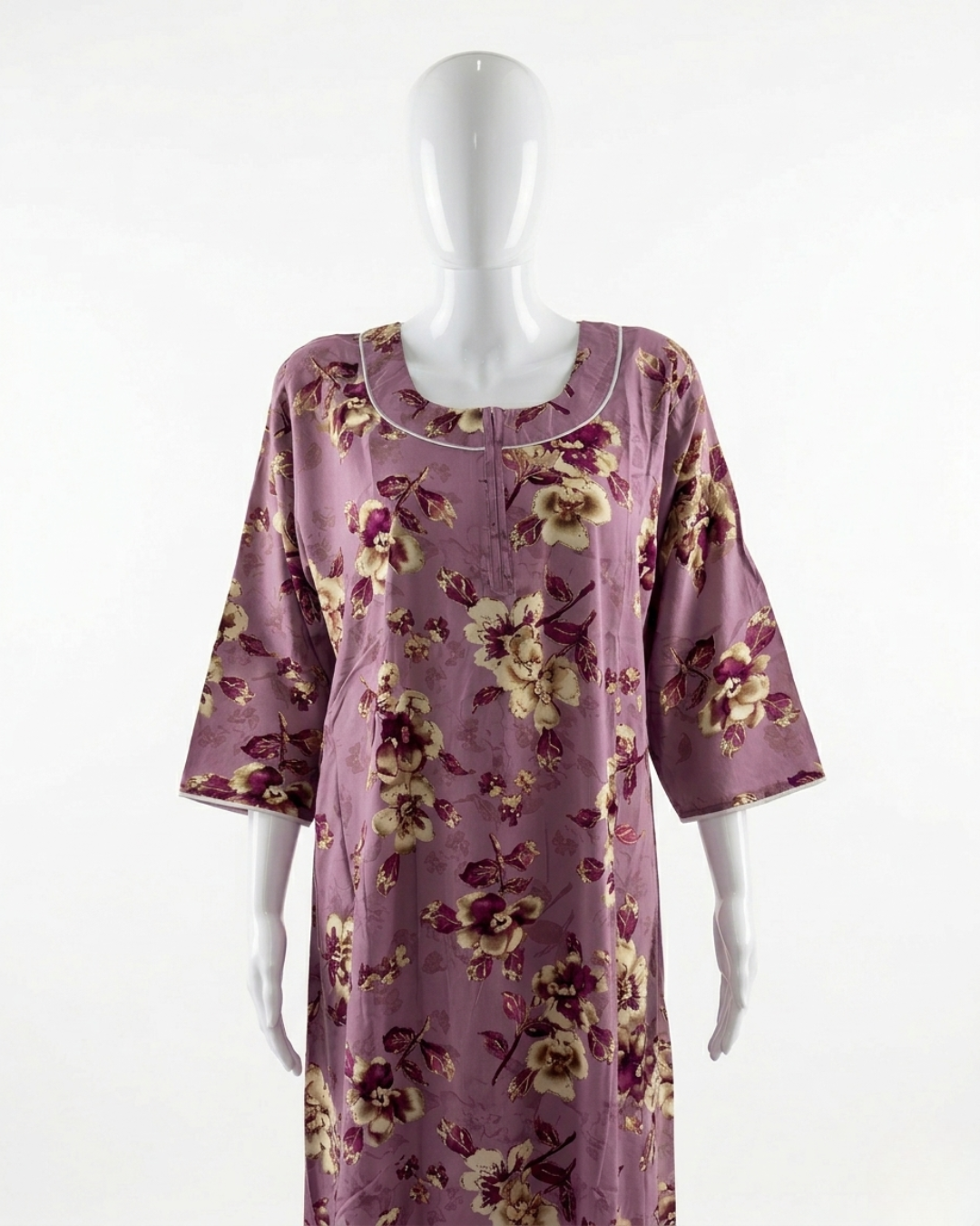 Premium Rayon Floral Sleepwear – Breathable Full-Length Nighty with Pocket