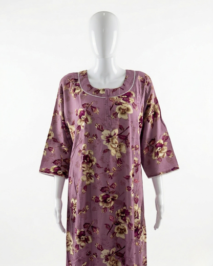 Premium Rayon Floral Sleepwear – Breathable Full-Length Nighty with Pocket