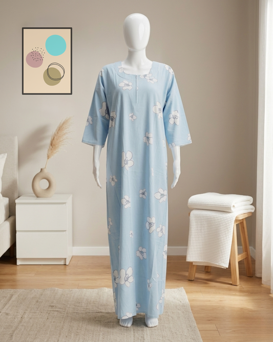 Comfortable Women's Floral Nighty Maxi Dress with 3/4th Sleeves – Breathable Comfort Nighty with Pockets