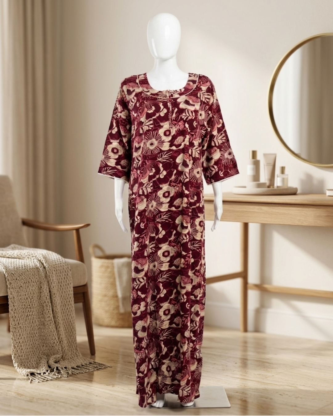 Women's Floral Nighty Maxi Dress – Vintage Botanical Print Loungewear – Breathable 3/4 Sleeve Nighty
