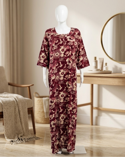 Women's Floral Nighty Maxi Dress – Vintage Botanical Print Loungewear – Breathable 3/4 Sleeve Nighty