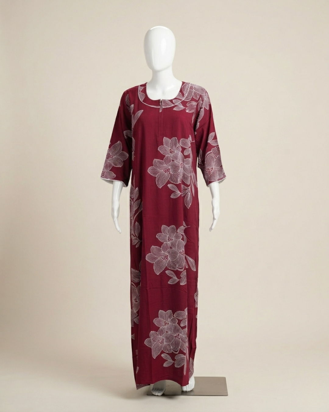 Women's Floral Outline Print Maxi Nighty with Front Zipper and 3/4 Sleeves